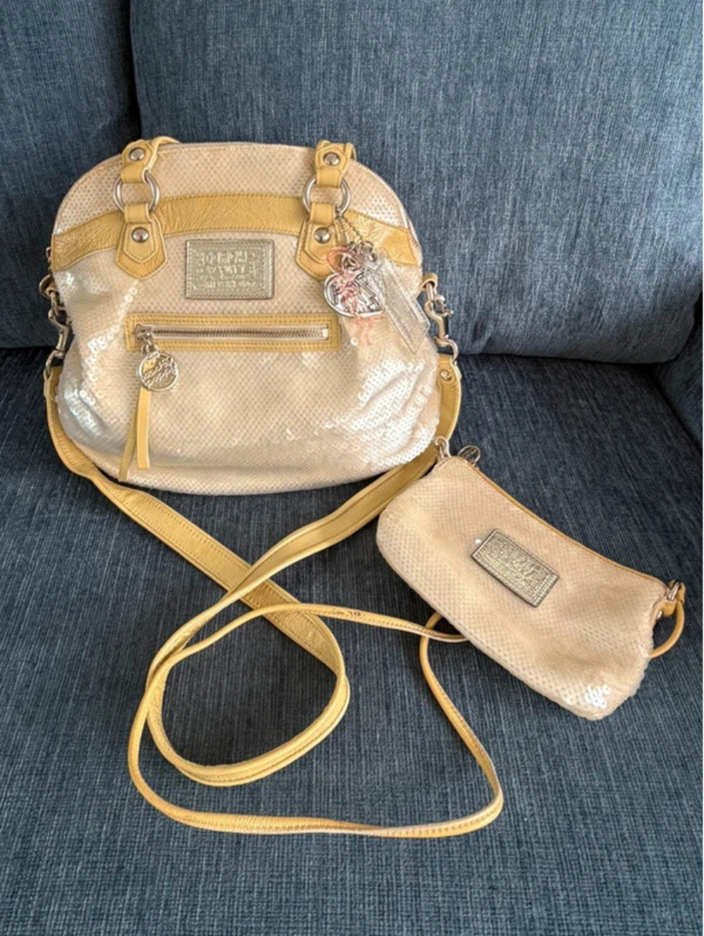 VTG Coach Poppy Sequin Spotlight Satchel Bag & Matching Wristlet Set Yellow Trim